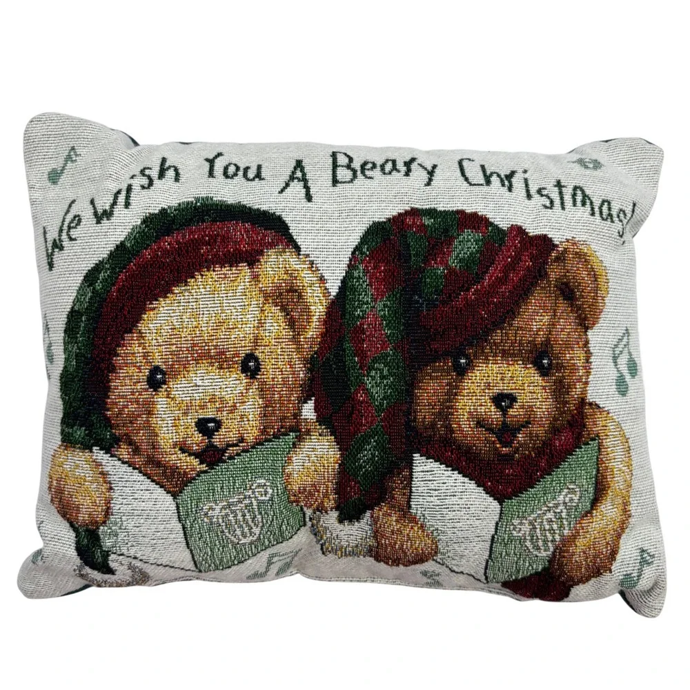 Vintage Christmas Teddy Bear Tapestry Throw Pillow Woven Caroling Bears 12x9